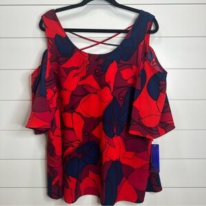 Nygard Merlot Abstract Denim Floral Cold Shoulder Red Blue Blouse. Size 1X. NWT.